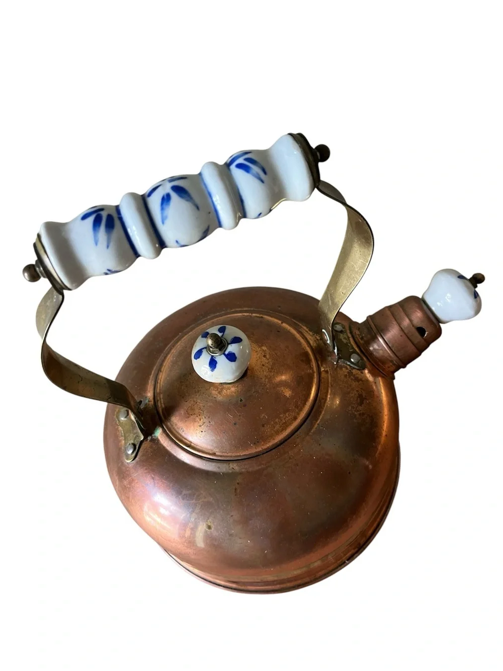 Vintage Korean Copper Tea Kettle Blue White Ceramic Handle Brass Farmhouse Decor